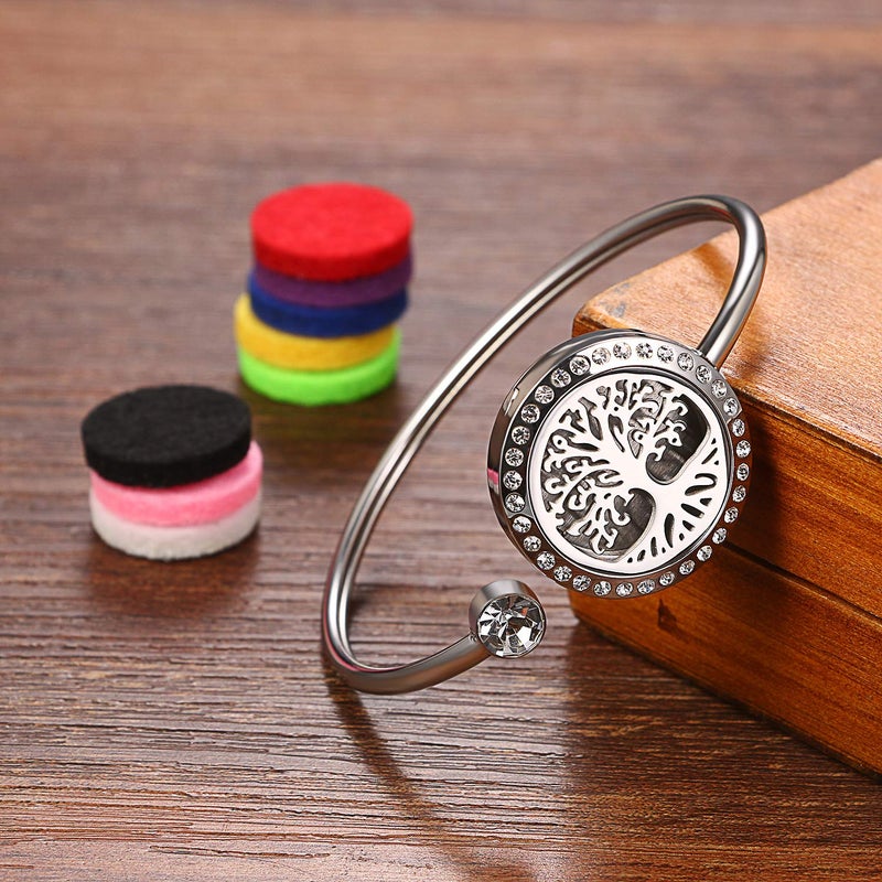 Cupimatch Adjustable Tree of Life Essential Oil Diffuser Bracelet, Stainless Steel CZ Aromatherapy Locket Bangle 8 Color Pads Jewelry Set for Women Gifts (Tree) for Mothers Day - Image 3